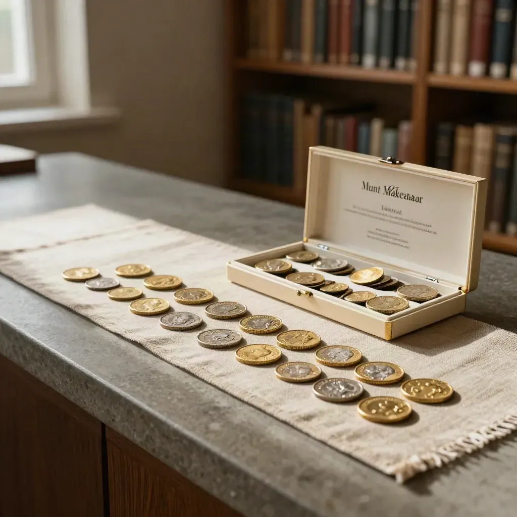Open capsule cases met Nederlandse munten op een stenen balie naast een linnen loper en verzegelde box.