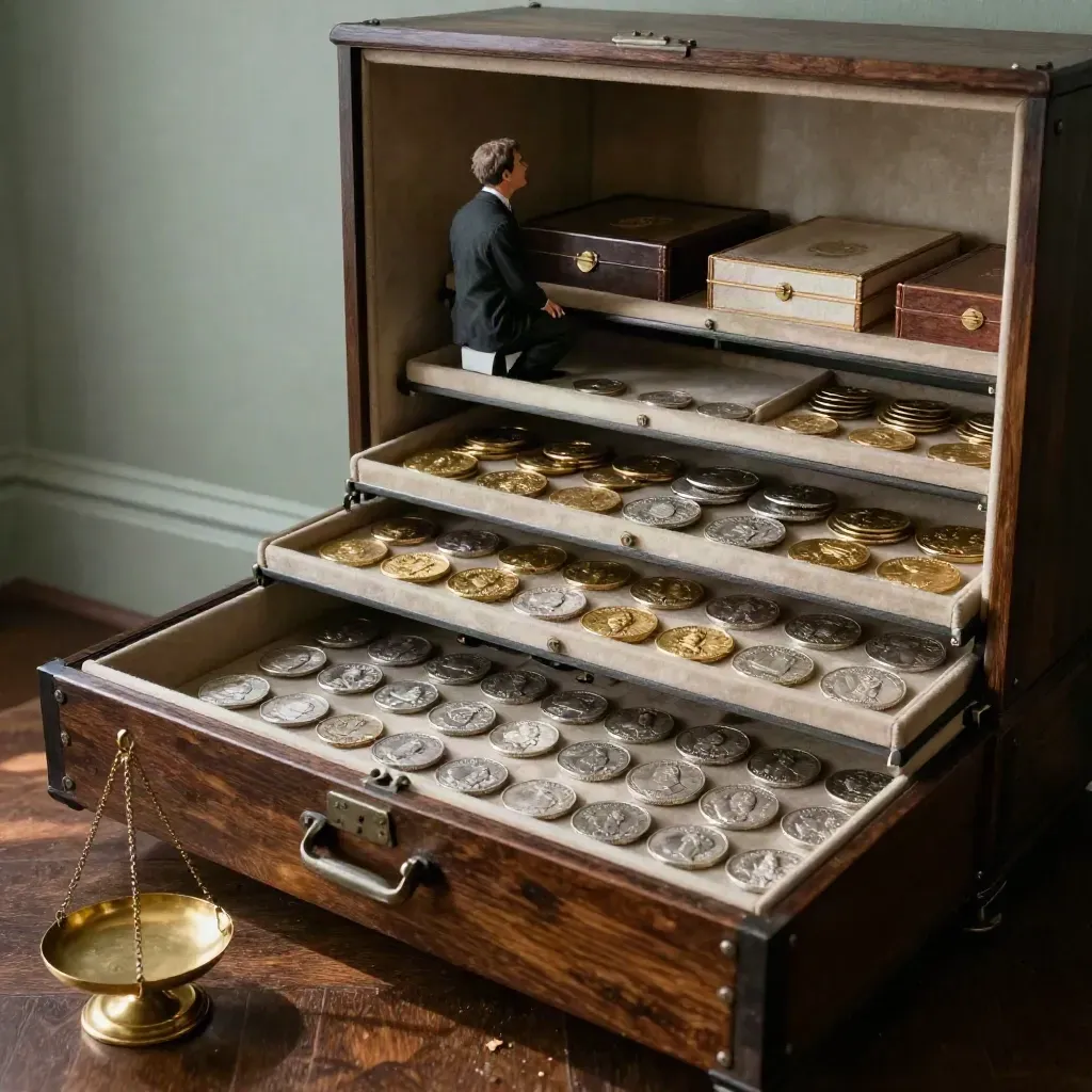 Open muntkabinet met zilveren en gouden munten, erfgoeddozen en een messing balans in sfeervol licht.