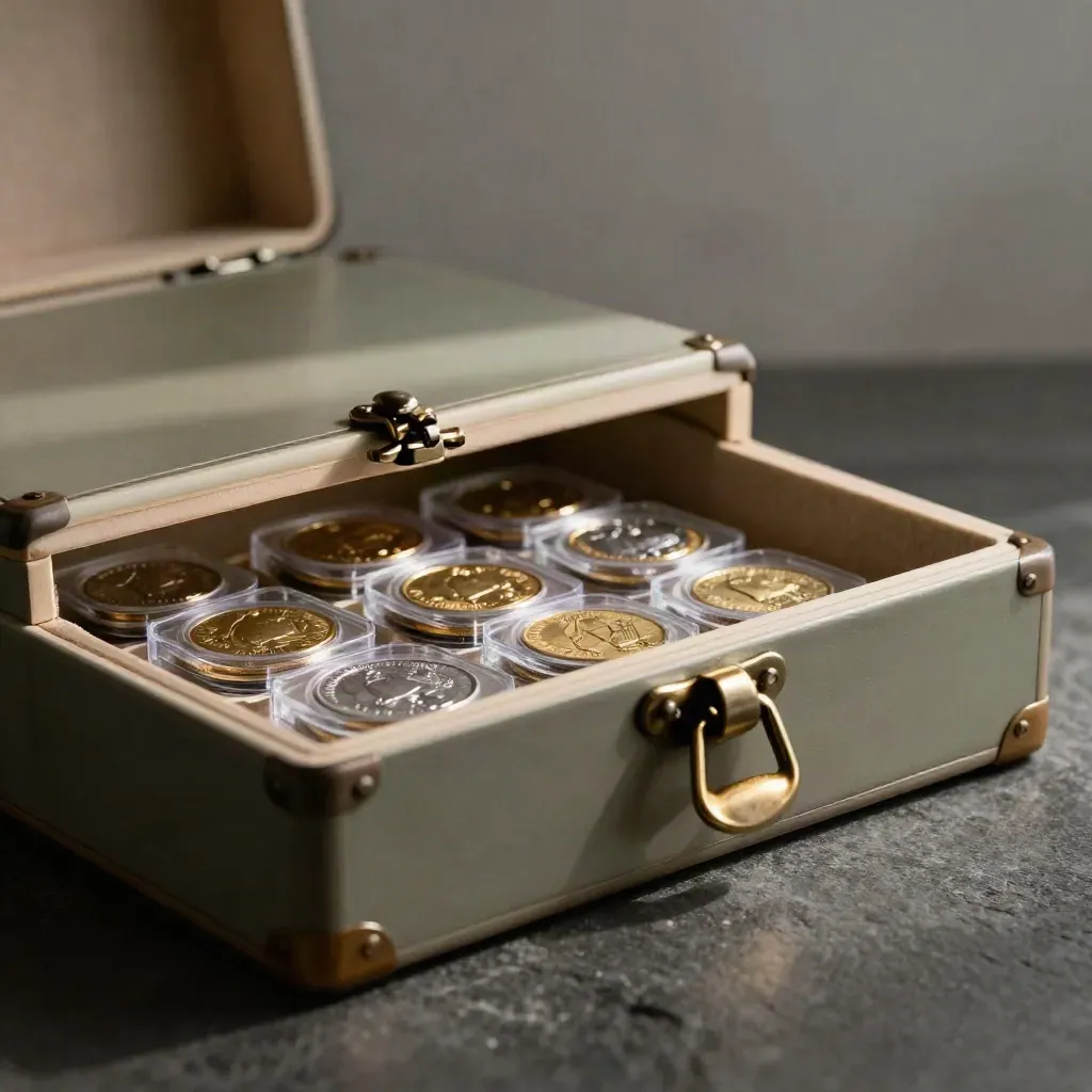 Gouden en zilveren beleggingsmunten in capsules in een gelakte cassette, dramatisch belicht.