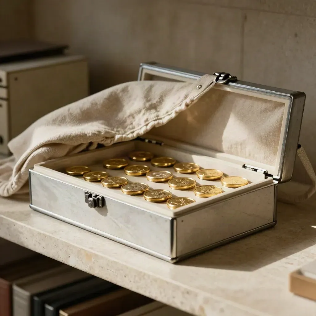 Gouden muntcapsules in een bankwaardige opbergbox met stenen inzet en linnen wikkel.