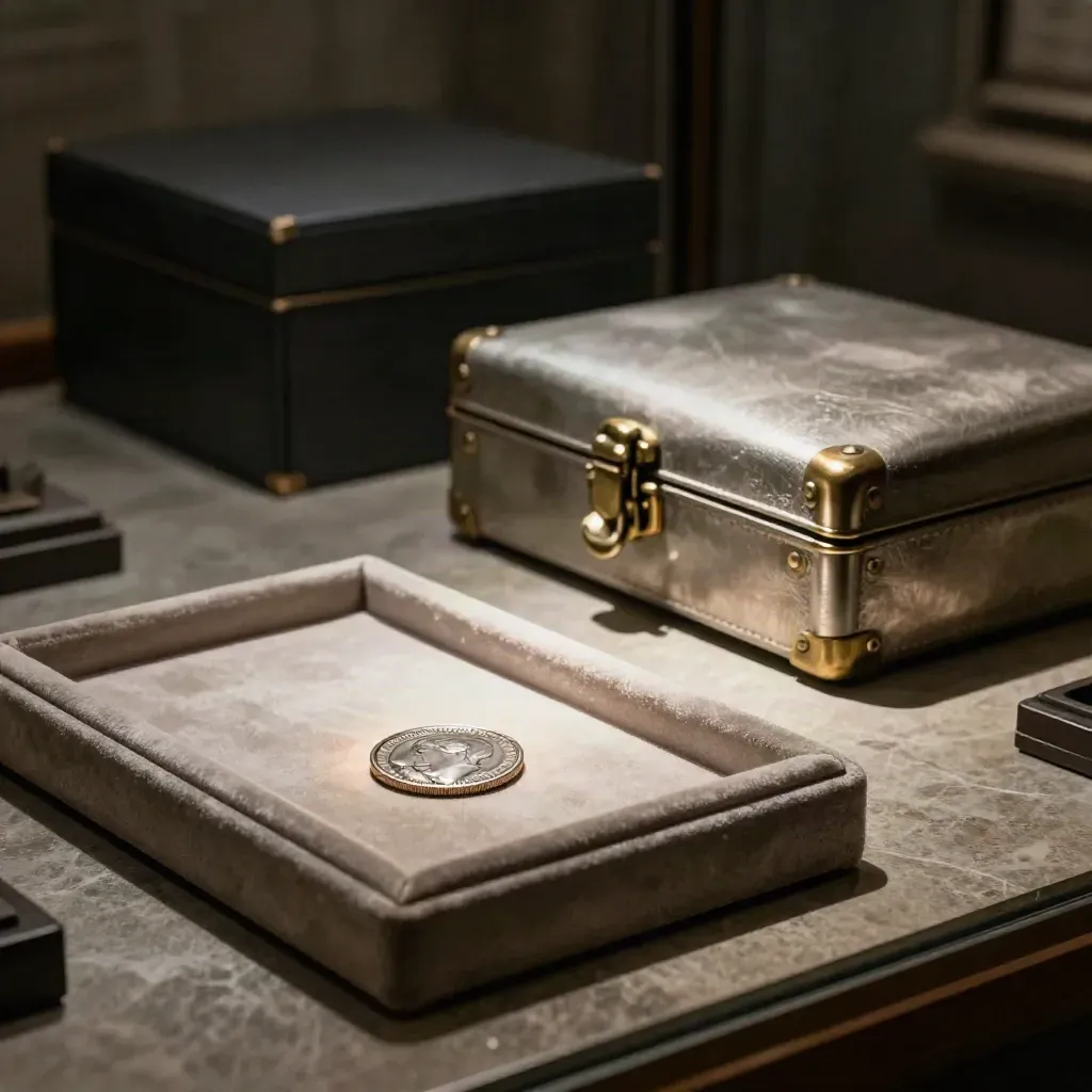 Velvet tray met uitgelichte munt voor gesloten veilingkoffer in dramatisch licht.
