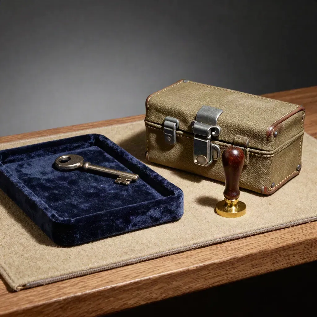 Transportkoffer, fluwelen tray en lakstempel op een stille inpaktafel van een muntenveiling.