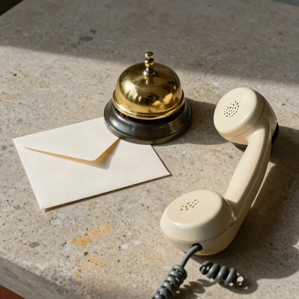 Brass deskbel, ivoorkleurige envelop en telefoonhoorn op een stenen oppervlak.