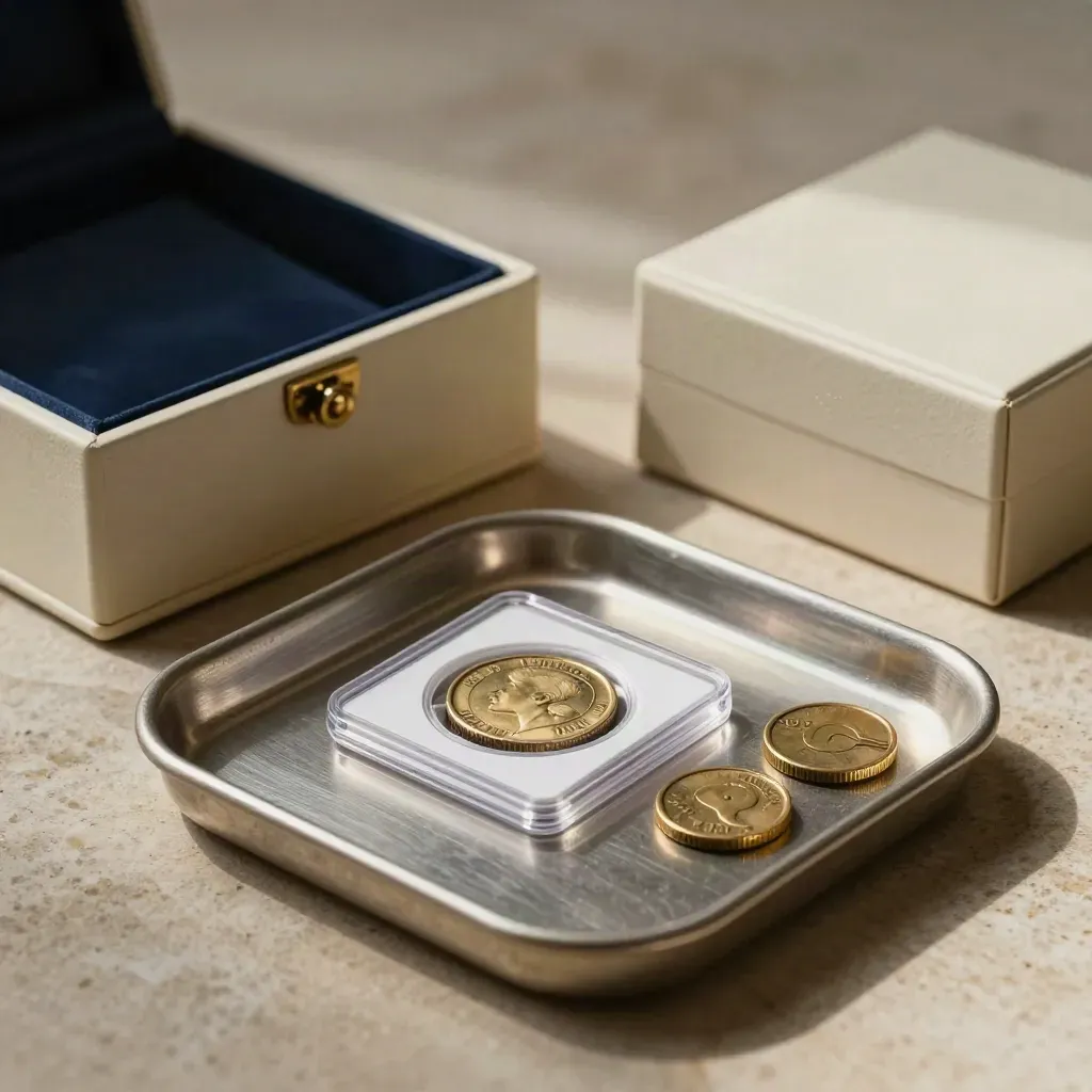 Munten in capsule met brass weights en archiefdoos op een lichte stenen ondergrond.