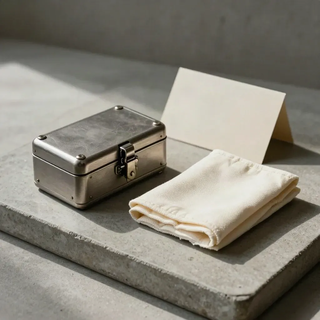 Coin case, doek en transportzak op stenen tray in zacht licht