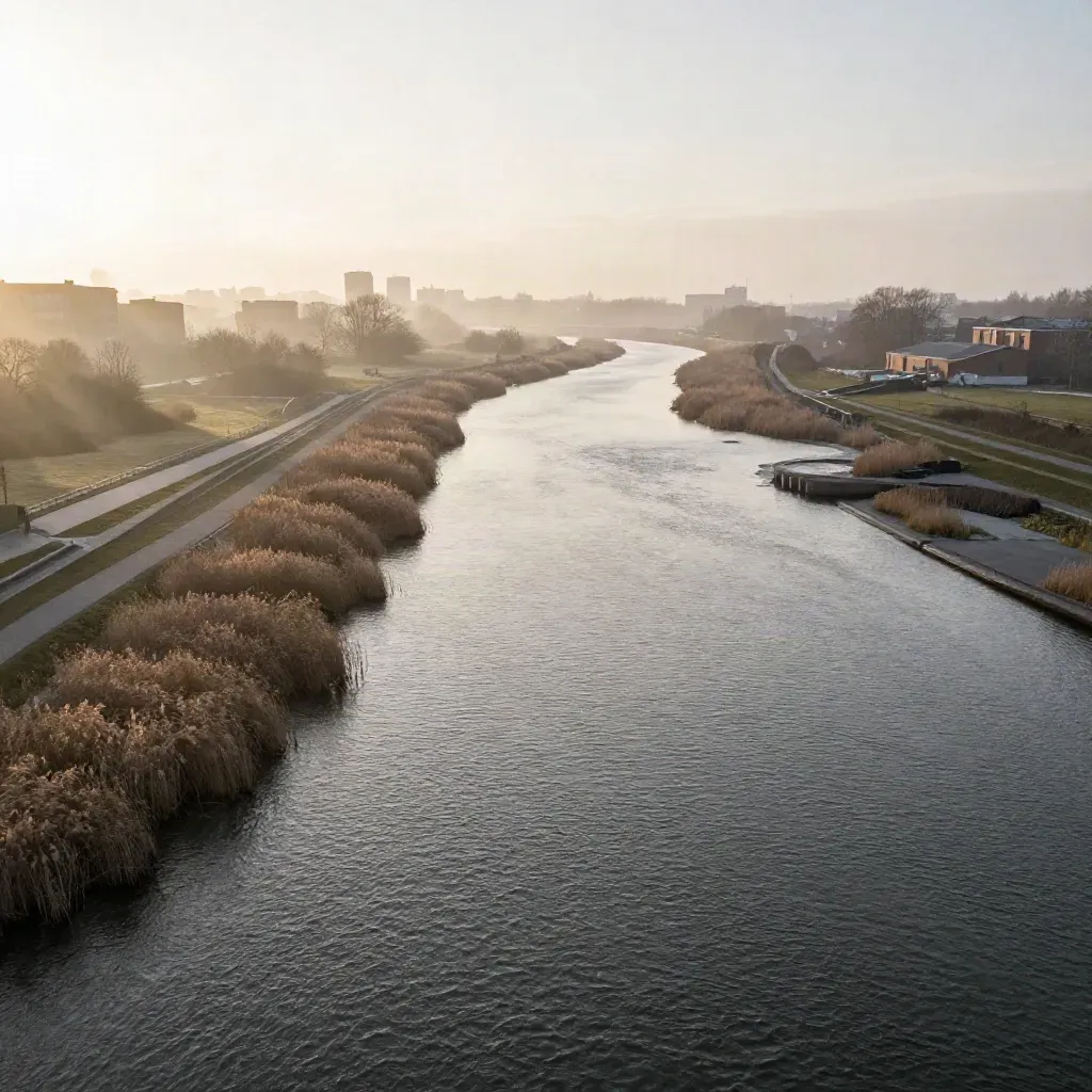 Mistige Randstad met waterwegen, lage stadsranden en gouden ochtendlicht boven het rustige vlak.