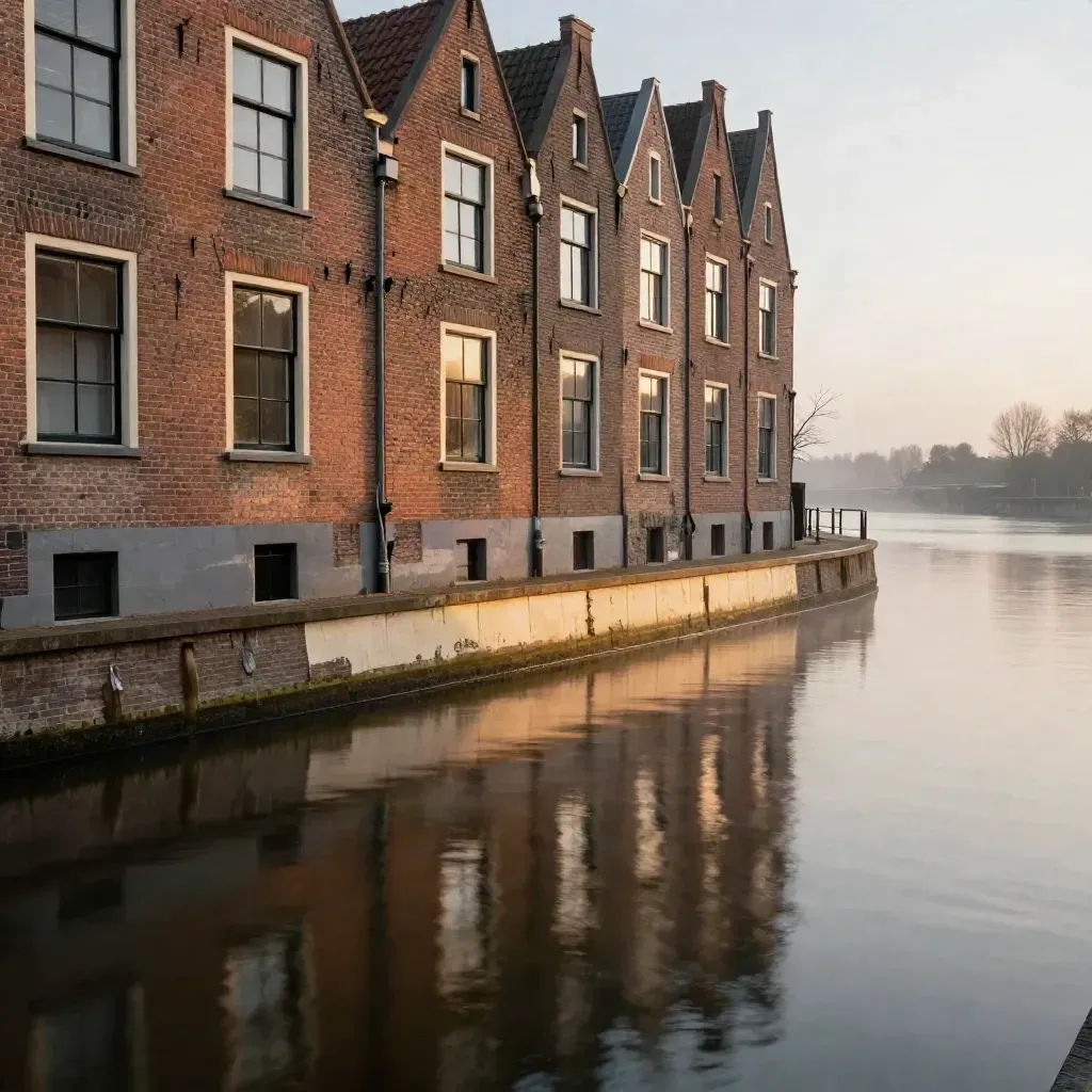 Zuid-Hollandse gracht met Delftse gevels, water en nevel bij warm licht