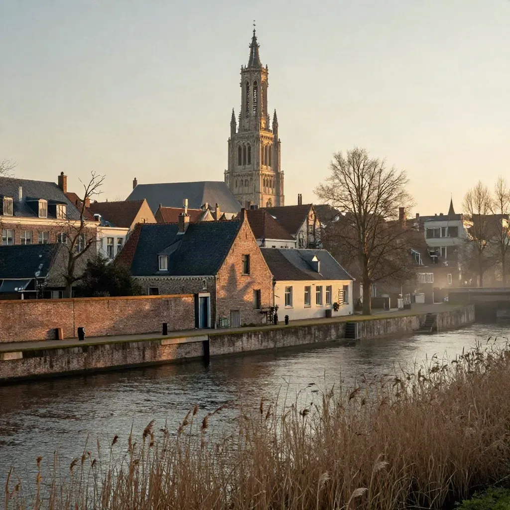Utrechtse gracht met Domtoren in gouden avondhaze, rustige ruimte voor tekst